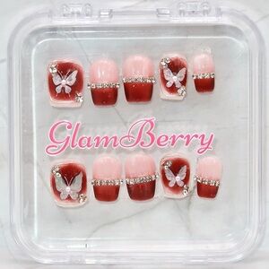 GlamBerry 10pcs Handmade Press-On Nails, Reusable, with Nail Kit - Sizes XS-L